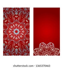 Vintage Invitation Card With Mandala Pattern. The Front And Rear Side. Beautiful Ornament. Vector Illustration. red silver color.
