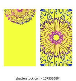 Vintage Invitation Card With Mandala Pattern. The Front And Rear Side. Beautiful Ornament. Vector Illustration. Purple yellow color.
