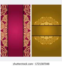 Tarjeta invitativa vintage con patrón Mandala. El lado delantero y el trasero. Hermoso ornamento. Ilustración vectorial.