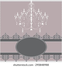 Vintage invitation card with ornate design and chandelier