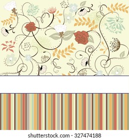 Vintage invitation card with ornate elegant retro abstract floral design, multicolored flowers on green with white ribbon and stripes. Vector illustration.