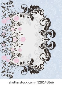 Vintage invitation card with ornate elegant abstract floral design, pink flowers on pale blue and gray. Vector illustration.