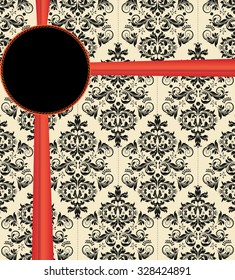 Vintage invitation card with ornate elegant abstract floral design, black on flesh with red ribbon. Vector illustration.
