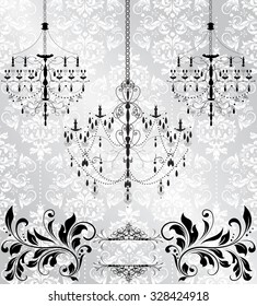 Vintage Invitation Card With Ornate Elegant Abstract Floral Design, Black And White On Gray With Chandeliers. Vector Illustration.