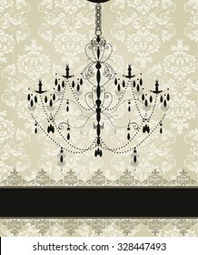 Vintage invitation card with ornate elegant abstract floral design, black on gray with chandelier and ribbon. Vector illustration.
