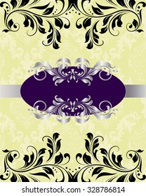 Vintage invitation card with ornate elegant abstract floral design, silver purple and black on yellow green with ribbon. Vector illustration.