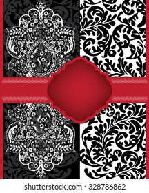 Vintage invitation card with ornate elegant abstract floral design, white black and gray with red ribbon. Vector illustration.