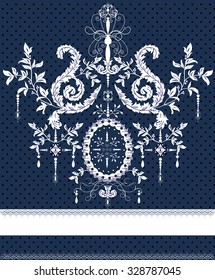 Vintage invitation card with ornate elegant abstract floral design, white on blue with dots. Vector illustration.