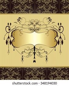 Vintage invitation card with ornate elegant abstract floral design, brown and yellow with lines. Vector illustration.