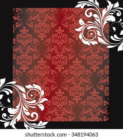 Vintage invitation card with ornate elegant abstract floral design, red and white flowers on black. Vector illustration.