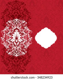 Vintage invitation card with ornate elegant abstract floral design, white and red flowers. Vector illustration.