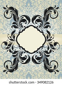 Vintage invitation card with ornate elegant abstract floral design, black and light blue flowers on pale yellow background. Vector illustration.