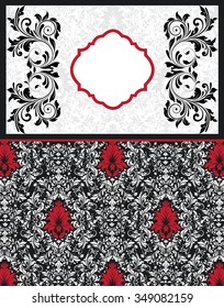 Vintage invitation card with ornate elegant abstract floral design, black white and red flowers with frame. Vector illustration.