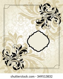 Vintage invitation card with ornate elegant retro abstract floral design, black flowers and leaves on pale yellow and white background with frame border. Vector illustration.