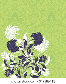 Vintage invitation card with ornate elegant retro abstract floral design, blue violet and white flowers and leaves on yellow green background. Vector illustration.