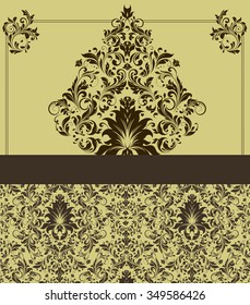 Vintage invitation card with ornate elegant retro abstract floral design, chocolate brown flowers and leaves on yellow green background with ribbon label. Vector illustration.