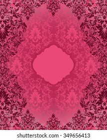 Vintage invitation card with ornate elegant retro abstract floral design, dark red flowers and leaves on dark pink background. Vector illustration.