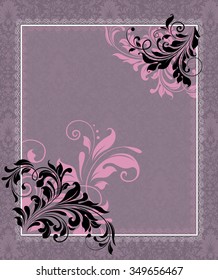 Vintage invitation card with ornate elegant retro abstract floral design, black and pink flowers and leaves on purple violet background with frame border. Vector illustration.