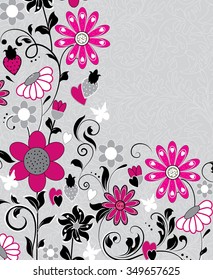 Vintage invitation card with ornate elegant retro abstract floral design, multicolored flowers and leaves on grey background with text. Vector illustration.