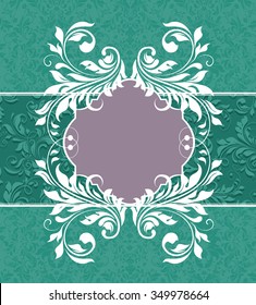 Vintage invitation card with ornate elegant retro abstract floral design, white and dark mint green flowers and leaves on green background with gray plaque text label. Vector illustration.
