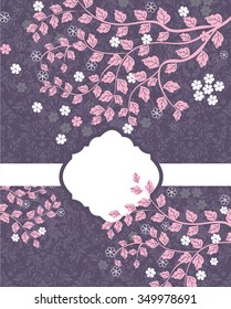 Vintage invitation card with ornate elegant retro abstract floral design, white flowers and pink leaves on dark violet background with ribbon and plaque text label. Vector illustration.