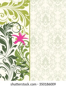 Vintage invitation card with ornate elegant retro abstract floral design, pink yellow green and green flowers and leaves on faded green and white background with text label. Vector illustration.

