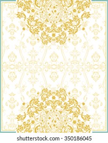 Vintage invitation card with ornate elegant retro abstract floral design, saffron yellow flowers and leaves on faded yellow on white background with frame border and text label. Vector illustration.

