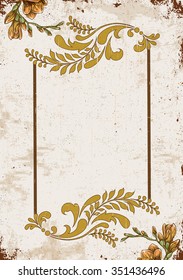 Vintage invitation card with ornate elegant retro abstract floral design, yellow orange and brownish yellow flowers and leaves on scratch textured background with text label. Vector illustration. 