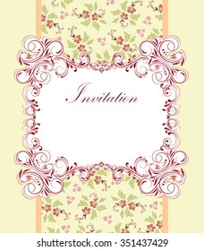 Vintage invitation card with ornate elegant retro abstract floral design, multicolored flowers and leaves on light yellow green background with plaque text label. Vector illustration. 