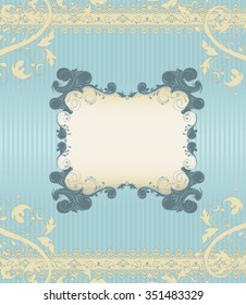 Vintage invitation card with ornate elegant retro abstract floral design, dark teal and pale yellow flowers and leaves on light blue background with frame text label. Vector illustration. 