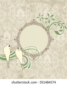 Vintage invitation card with ornate elegant retro abstract floral design, green and gray flowers and leaves on textured pale olive green background with birds. Vector illustration. 