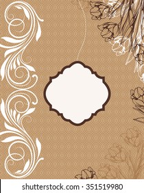 Vintage invitation card with ornate elegant retro abstract floral design, white and brown flowers and leaves on light brown mesh background with plaque text label. Vector illustration.

