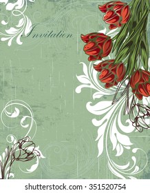 Vintage invitation card with ornate elegant retro abstract floral design, red white and brown flowers and green leaves on scratch textured laurel green background. Vector illustration.
