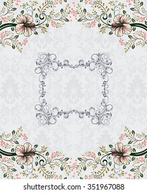 Vintage invitation card with ornate elegant retro abstract floral design, multicolored flowers and leaves on light gray background with frame border text label. Vector illustration.
