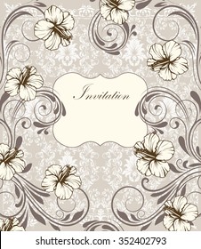 Vintage invitation card with ornate elegant retro abstract floral design, brown beige and gray flowers and leaves on light gray and white background with plaque text label. Vector illustration.
