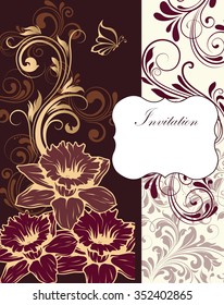 Vintage invitation card with ornate elegant retro abstract floral design. Vector illustration.