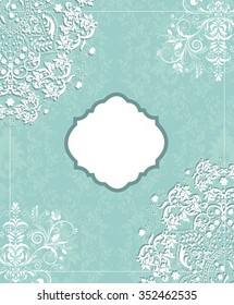 Vintage invitation card with ornate elegant retro abstract floral design, white flowers and leaves on aquamarine green background with plaque text label. Vector illustration.
