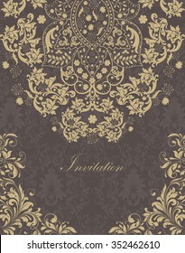 Vintage invitation card with ornate elegant retro abstract floral design, light brown flowers and leaves on gray and dark gray background with text label. Vector illustration.
