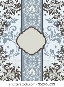 Vintage invitation card with ornate elegant retro abstract floral design, beige gray and dark gray flowers and leaves on pale blue and bluish gray background with ribbon. Vector illustration.
