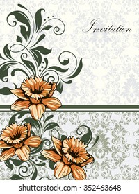 Vintage invitation card with ornate elegant retro abstract floral design, yellow orange flowers and dark green leaves on light gray background with striped ribbon divider. Vector illustration.
