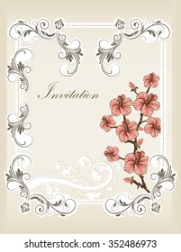 Vintage invitation card with ornate elegant retro abstract floral design, pink and gray flowers and leaves on diagonal lined light gray background with text label. Vector illustration.
