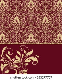 Vintage invitation card with ornate elegant abstract floral design, gold flowers on royal red background. Vector illustration.