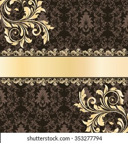 Vintage invitation card with ornate elegant abstract floral design, gold and brown flowers with ribbon. Vector illustration.