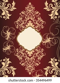 Vintage invitation card with ornate elegant retro abstract floral design, gold flowers and leaves on dark red background with plaque text label. Vector illustration.
