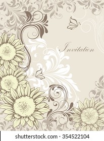 Vintage invitation card with ornate elegant retro abstract floral design, pale yellow white gray and dark gray flowers and leaves on light gray background with butterflies. Vector illustration.
