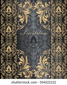 Vintage invitation card with ornate elegant retro abstract floral design, gold flowers and leaves on dark gray and black background with text label. Vector illustration.
