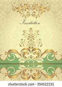 Vintage invitation card with ornate elegant retro abstract floral design, shiny gold flowers and leaves on shiny yellow and green background with text label. Vector illustration.
