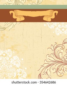 Vintage invitation card with ornate elegant retro abstract floral design, beige and white flowers and leaves on scratch textured beige background with ribbon and sash text label. Vector illustration.
