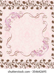 Vintage invitation card with ornate elegant retro abstract floral design, pink and chocolate brown flowers and leaves on pale pink background with frame border text label. Vector illustration.
