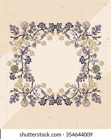 Vintage invitation card with ornate elegant retro abstract floral design, multicolored flowers and leaves on scratch textured beige background with text label. Vector illustration.
